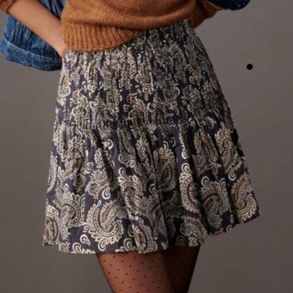 Anthropologie Eula Pintucked Skirt Paisley Black White ochre mini medium